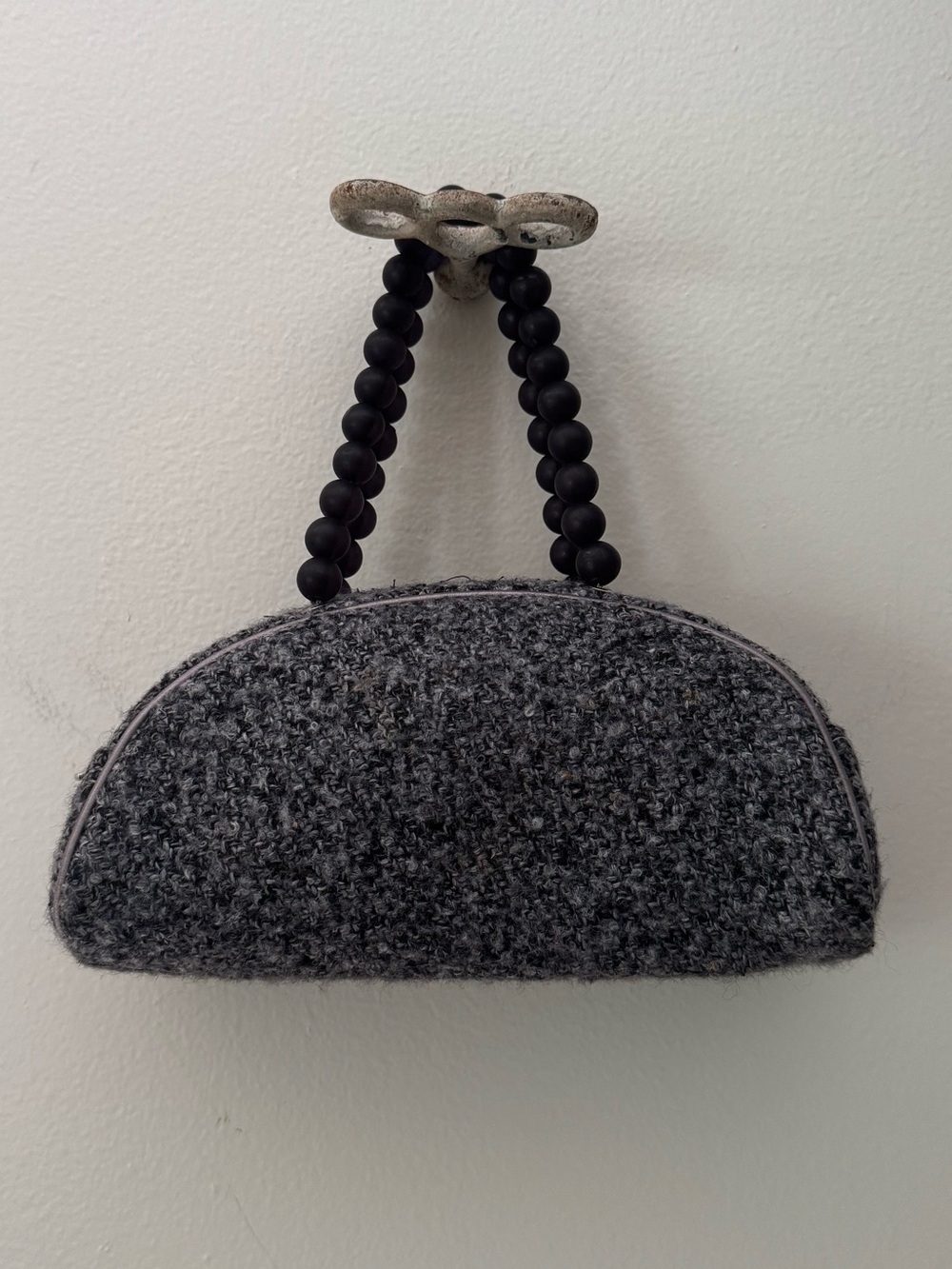 Vintage Grey Tweed Half Moon Mini Bag with Beaded Double Handle.